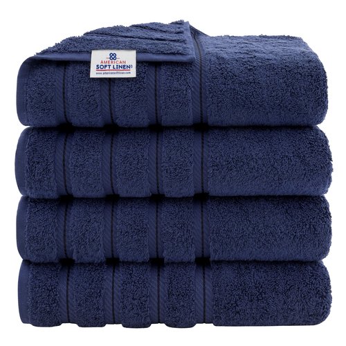 American Soft Linen Luxury 4 Piece Bath Towel Set, 600 GSM 100% Cotton Turkish Bath Towels for Bathroom, 27x54 in Extra Large Bathroom Shower Towels, Navy Blue
