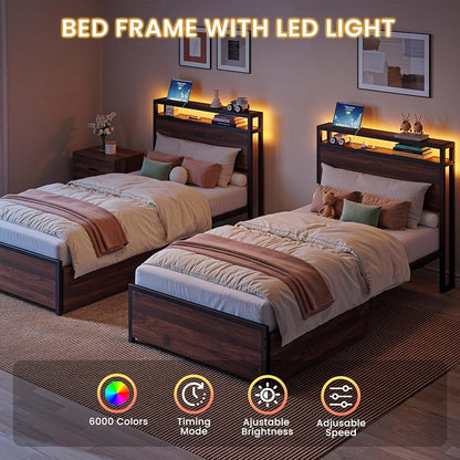 LIKIMIO Walnut Twin XL Bed Frame with DIY Storage Drawers & LED Headboard