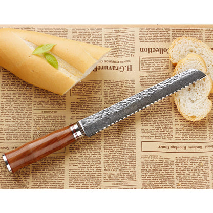 Sunlong Bread Knife 8 inch Sandwich Slicer Japanese Hammered Damascus Natural Bloodwood Handle