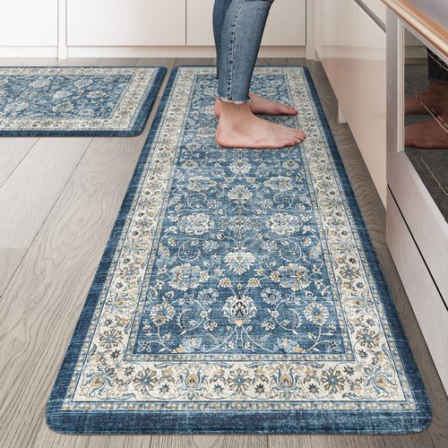 KIMODE Kitchen Mats Cushioned Anti Fatigue, Boho Oriental Kitchen Rugs Sets of 2, Blue Kitchen Mats for Floor, Padded Kitchen Floor Mat, Non Slip Standing Desk Mats for Sink Laundry Office
