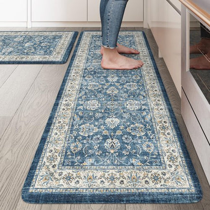 KIMODE Kitchen Mats Cushioned Anti Fatigue, Boho Oriental Kitchen Rugs Sets of 2, Blue Kitchen Mats for Floor, Padded Kitchen Floor Mat, Non Slip Standing Desk Mats for Sink Laundry Office