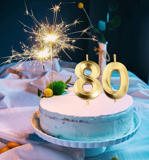 Gold Number 80 Cake Topper by [Brand Name] - Elegant 80th Birthday Candles for Party Decor
