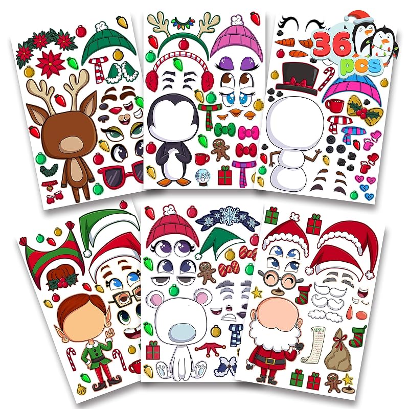 Variation of THIS listing Christmas Make-a-face Sticker Sheets - 36 Pcs Reindeer Snowman Elf For Kids Party Favor Art Craft Classroom