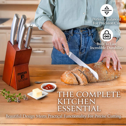 Moss & Stone Professional Kitchen Knife Set - 6-Piece Stainless Steel Chef Knives with Block | Scratch Resistant & Rust Proof