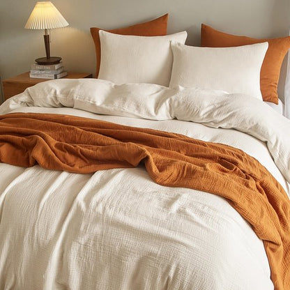 SE SOFTEXLY Muslin Duvet Cover Queen Size, 100% Washed Cotton Duvet Cover Set, Ultra Soft Comforter Cover Linen Like, 3 Pieces Minimalist Gauze Duvet Cover with 2 Pillowcases, 90"x90", Off-White