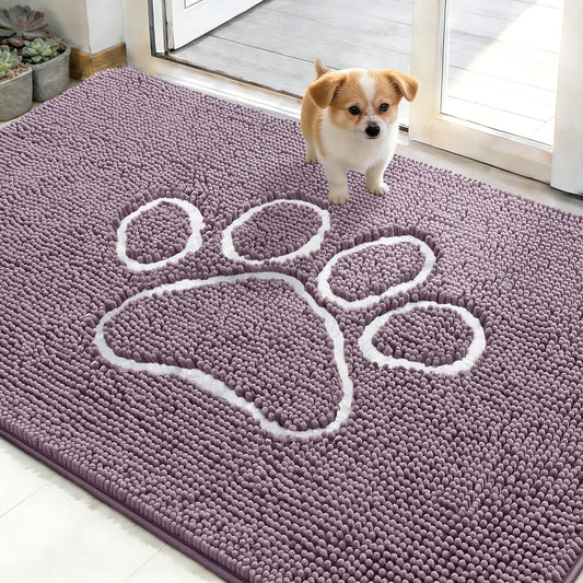 OLANLY Dog Door Mat - Absorbent Non-Slip Muddy Paws Doormat | 48x30, Quick Dry Chenille, Deep Plum