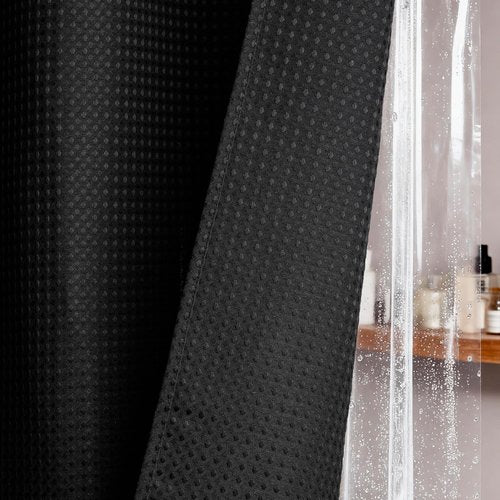 Dynamene Stall Shower Curtain and Liner Set - 36 x 72 inch Half Waffle Fabric, Narrow Waterproof Clear Liner, Heavy Duty Weighted Hotel Luxury Cloth Shower Curtains for Bathroom with 6 Hooks, Black
