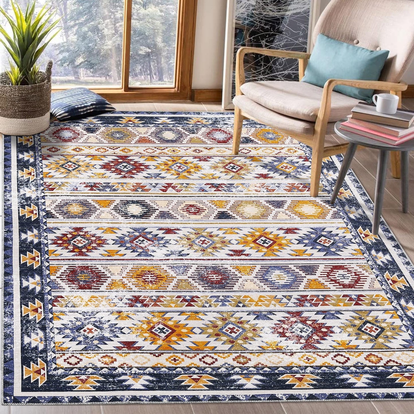 ROYHOME Area Rug 9x12 Large Washable Area Rug Bedroom Living Room Boho Tribal Area Rug Geometric Throw Carpet Indoor Moroccan Floor Cover Modern Bohemian Area Rug for Home Office, Navy/Multi