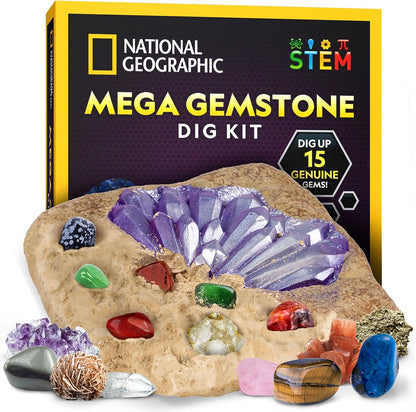 National Geographic Mega Gemstone Dig Kit - Unearth 15 Real Gemstones & Crystals | STEM Science Kit for Kids