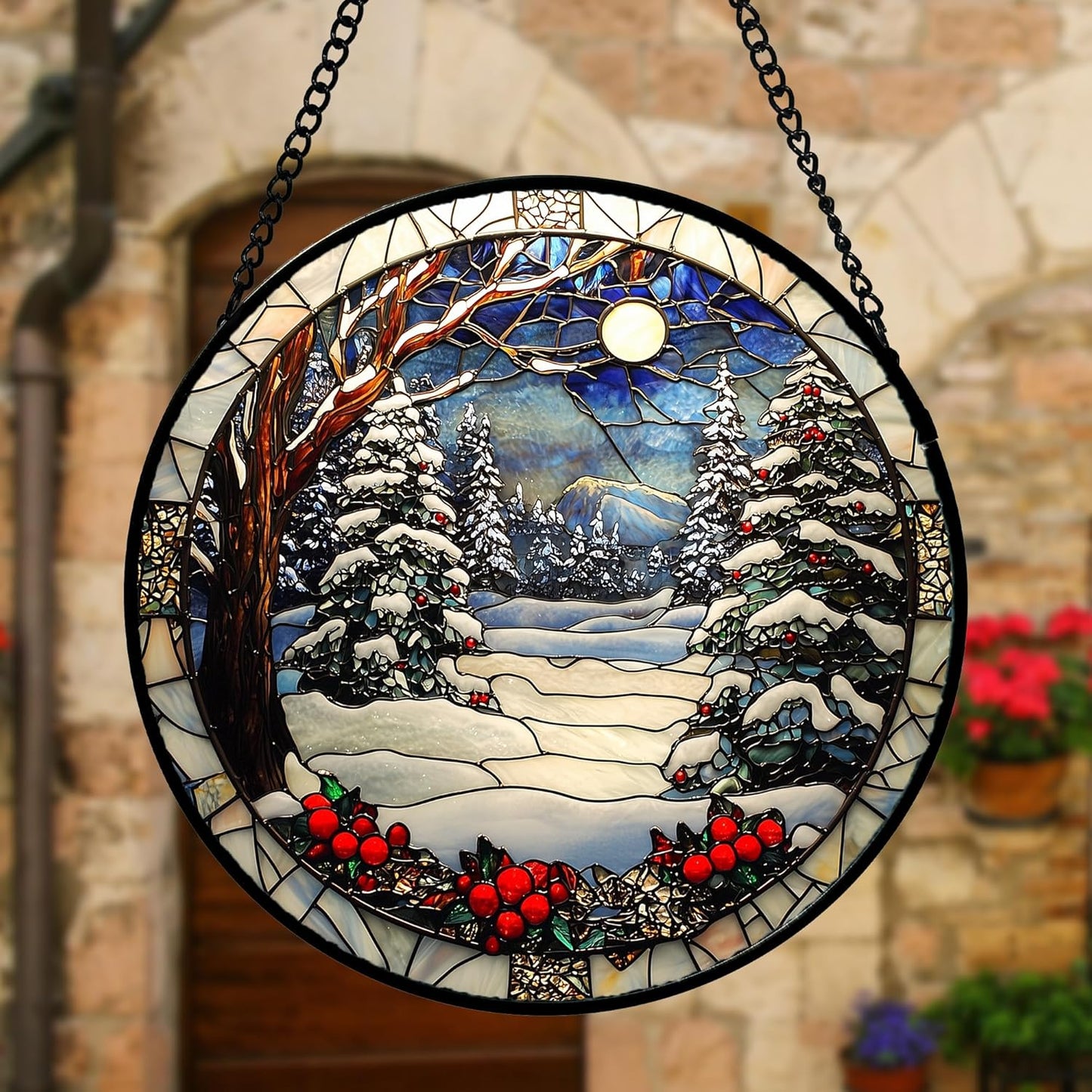 DASTOLL Stained Glass Window Hanging - Winter Snow Night Scenery Suncatcher | 7.8" Home Decor Gift for All