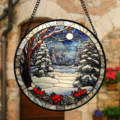 DASTOLL Stained Glass Window Hanging - Winter Snow Night Scenery Suncatcher | 7.8" Home Decor Gift for All