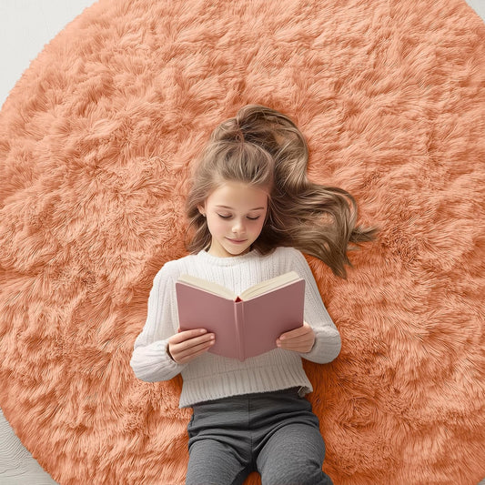 OLANLY Round Area Rug - Soft & Fluffy Muted Orange Shaggy Carpet, 5 ft Circle for Bedroom & Living Room