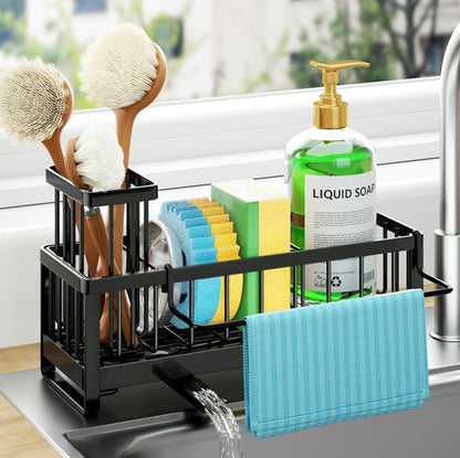 HapiRm Sponge Holder - Self-Draining Sink Caddy with Brush & Dishcloth Holders | Stainless Steel - Black
