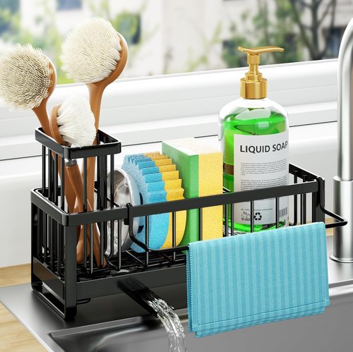 HapiRm Sponge Holder - Self-Draining Sink Caddy with Brush & Dishcloth Holders | Stainless Steel - Black