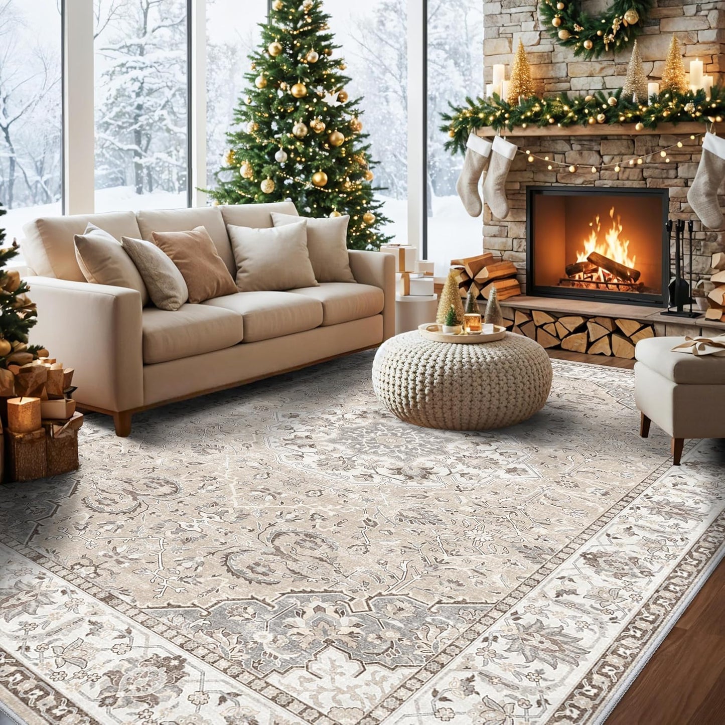 Regine Switzerland Washable Large 9x12 Area Rug - Soft, Non-Slip, Stain-Resistant Carpet for Living Room & Bedroom (Beige)