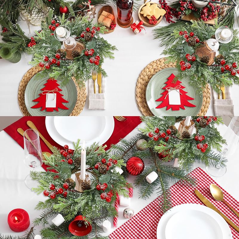 11-Inch 6 Pcs Christmas Candle Rings Norfolk Pine Wreaths with Red Berries and Pinecones
