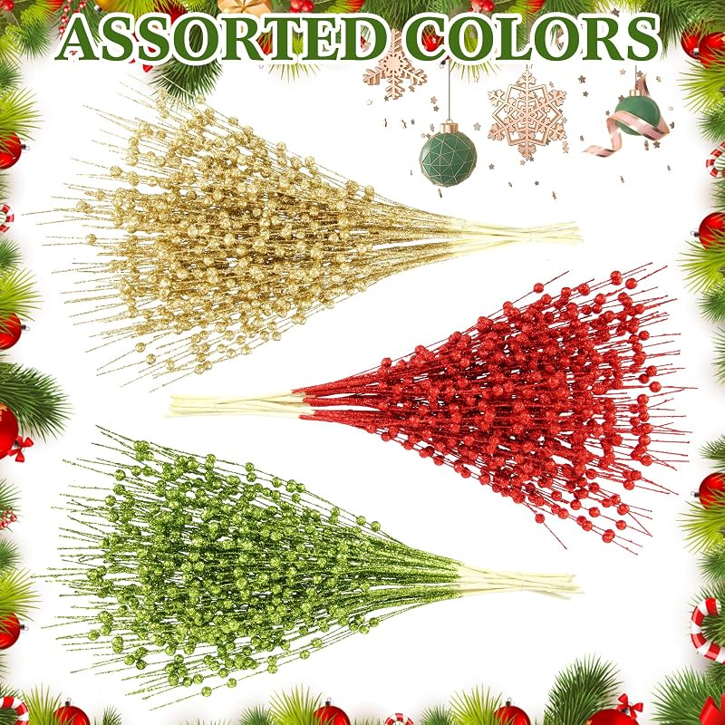 36 Bundles Christmas Glitter Berry Stems 16.9" Green Red Gold - Variation: Green, Red, Gold