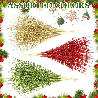 36 Bundles Christmas Glitter Berry Stems 16.9" Green Red Gold - Variation: Green, Red, Gold