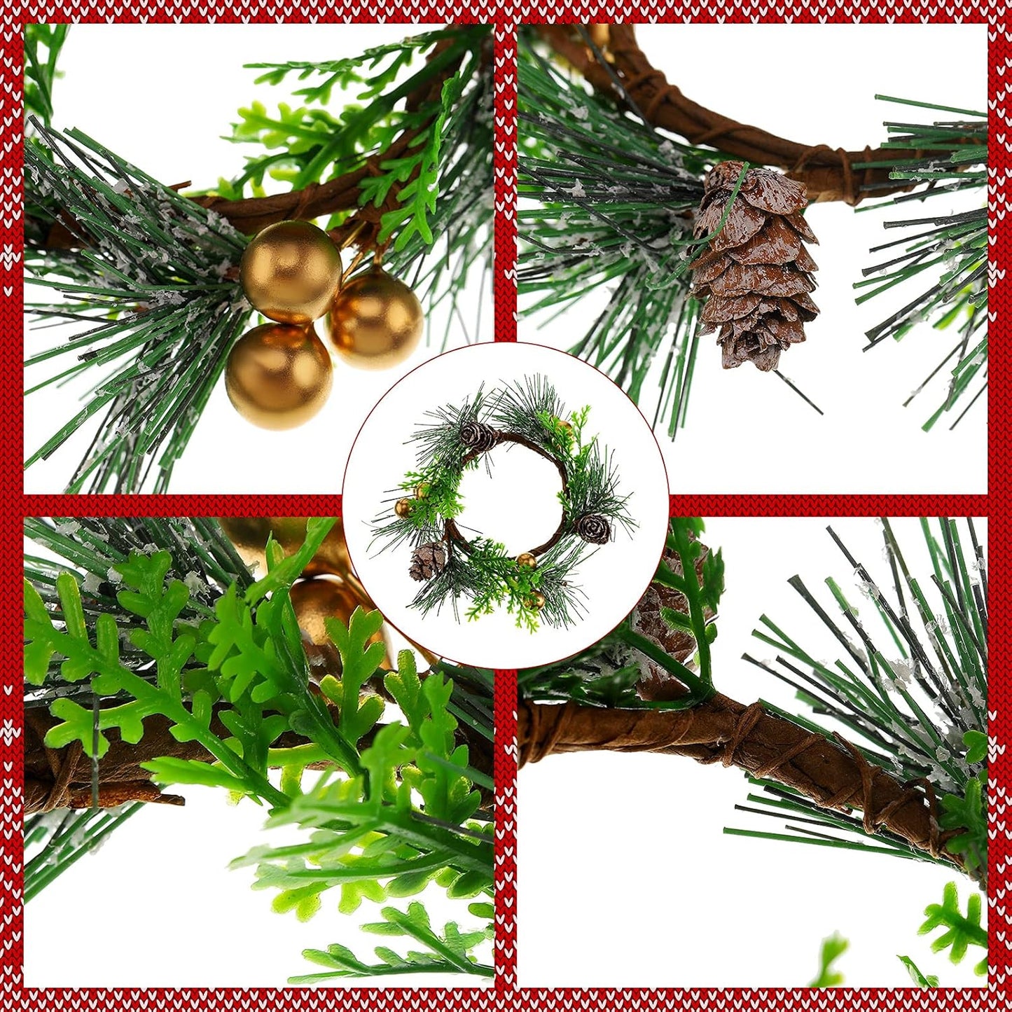 Regine Switzerland Christmas Candle Rings - 6 Pcs Mini Wreaths with Berries & Pine Cones | 4.7 Inch Holiday Decor