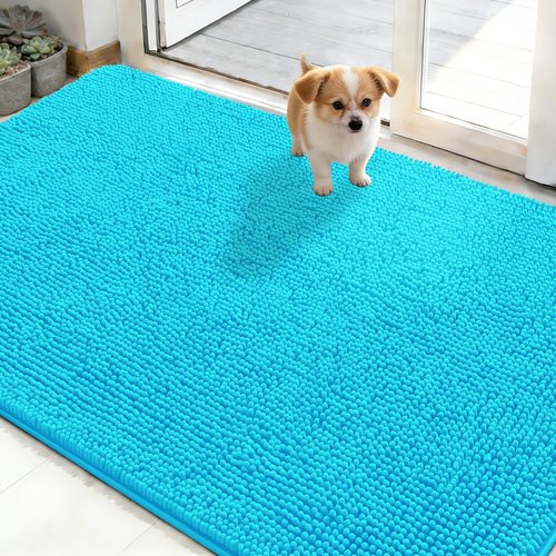 OLANLY Dog Door Mat for Muddy Paws 50x30, Absorbs Moisture and Dirt, Absorbent Non-Slip Washable Doormat, Quick Dry Chenille Mud Mat for Dogs, Entry Indoor Entryway Carpet for Inside Floor, Aqua Blue