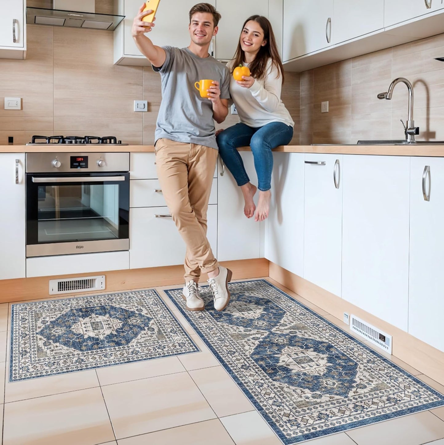 Skiennix Kitchen Sink Rugs Set of 2 - Washable Non-Slip Mats for High Traffic Areas | Soft Blue Boho Decor (2x3 + 2x4)