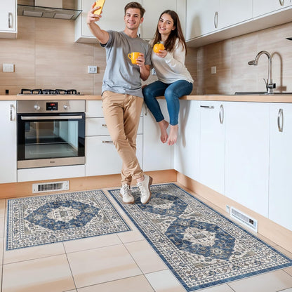 Skiennix Kitchen Sink Rugs Set of 2 - Washable Non-Slip Mats for High Traffic Areas | Soft Blue Boho Decor (2x3 + 2x4)