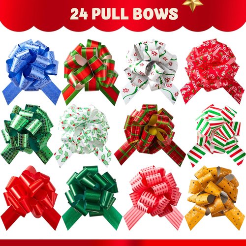 JOYIN 24 PCS Christmas Wrap Ribbon Pull Bows - Easy Gift Wrapping Accessory for Presents & Baskets