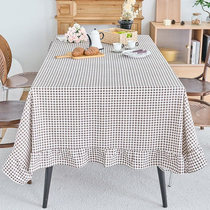 vctops Farmhouse Coffee Plaid Ruffle Tablecloth 55x94 in Cotton Linen, Rectangular