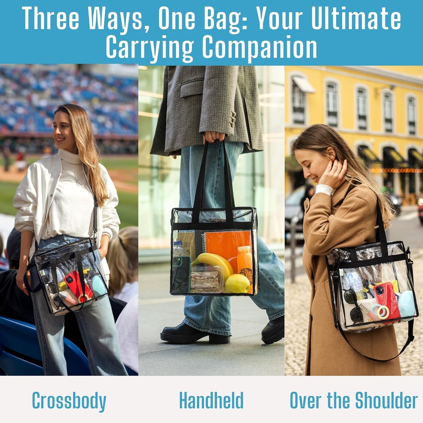 VENO Clear Tote Bag - Stadium Approved 2-Pack | Large Transparent Crossbody Bags for Events