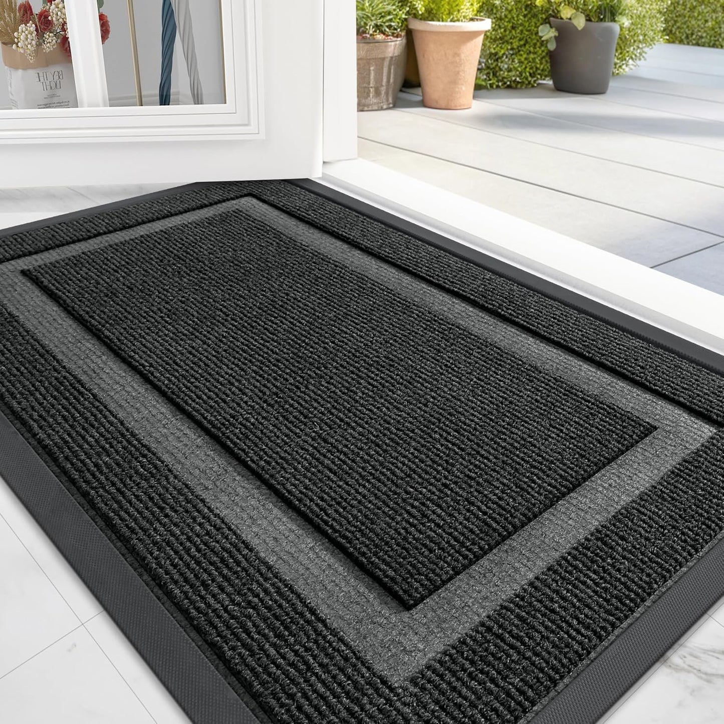 OLANLY Door Mat Set - Geometric Indoor & Outdoor Mats | 29.5"x17" & 32"x20" - Stylish Black Design