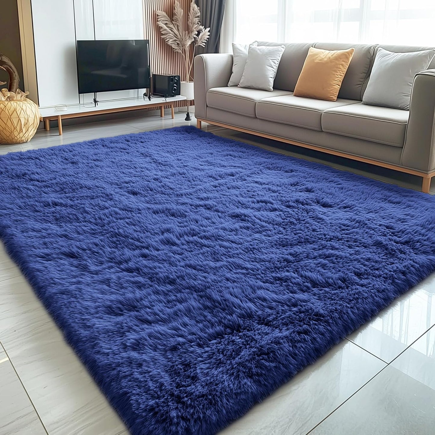 OLANLY Large Area Rug - Soft Fluffy Shaggy Carpet for Living Room & Bedroom | Navy Blue 7x10