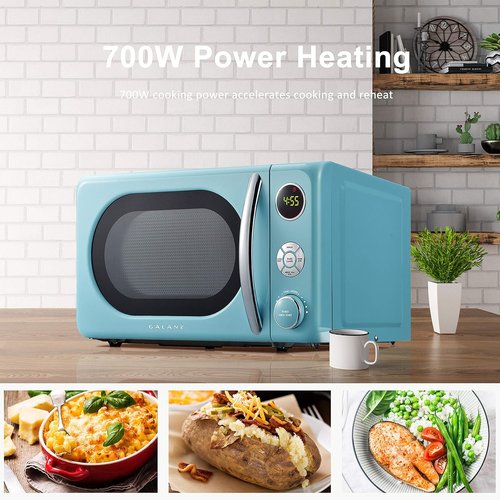 Galanz Retro Microwave Oven - 0.7 Cu Ft, LED Lighting, Pull Handle Design, Child Lock | Bebop Blue