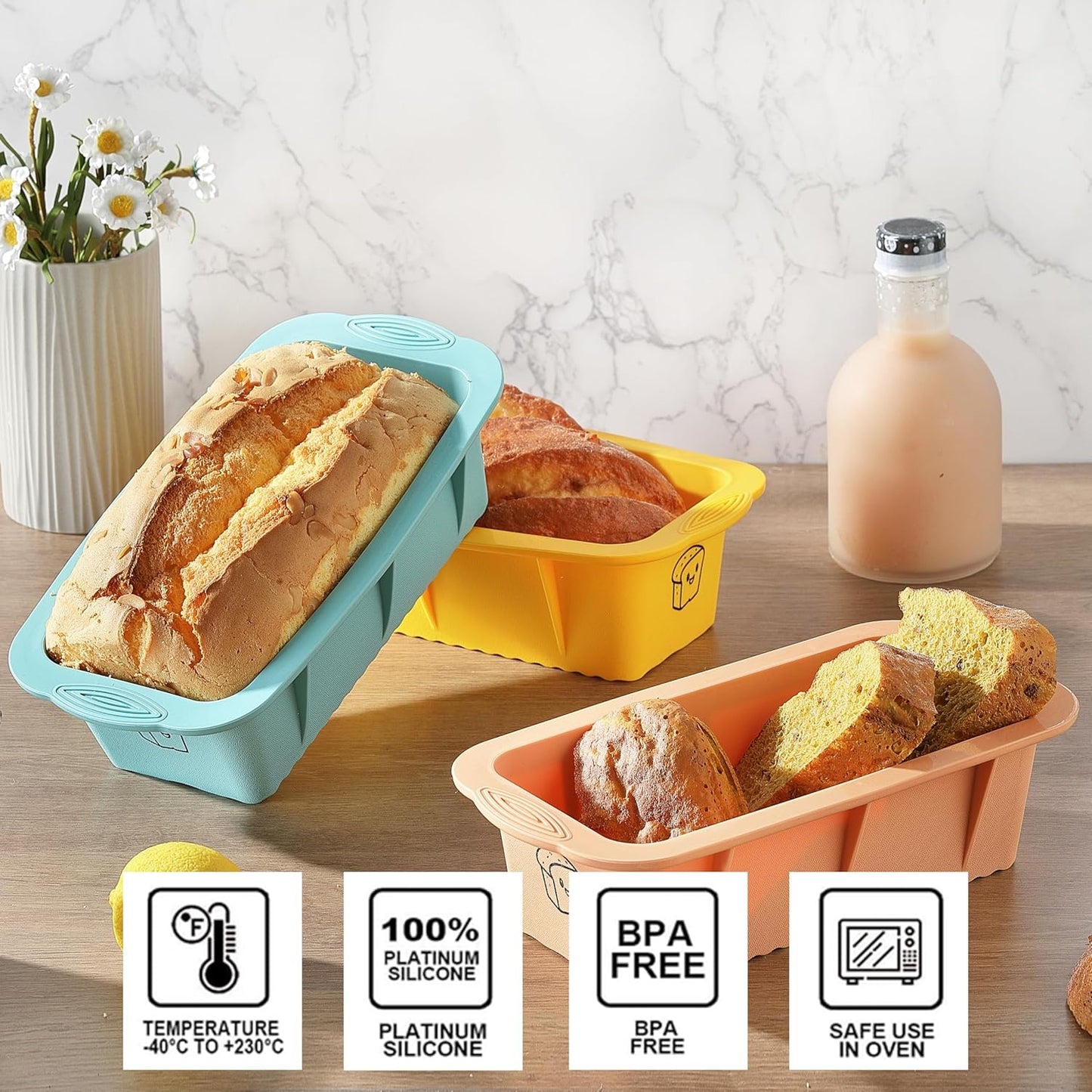 Skiennix Silicone Bread Loaf Pan Set - 3 Non-Stick Baking Pans for Homemade Bread & Cakes | Dishwasher Safe, Nesting Design