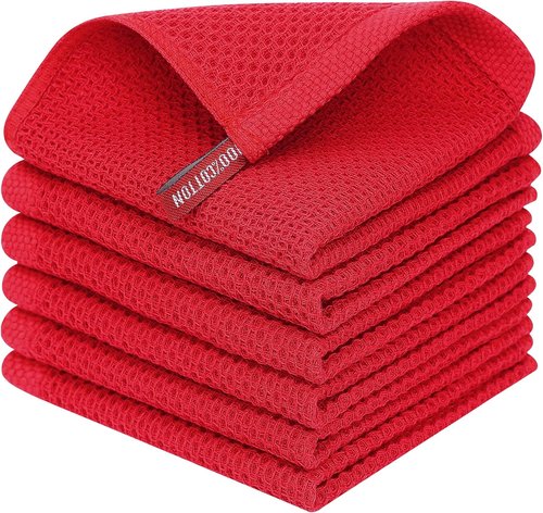 Homaxy 100% Cotton Waffle Weave Dish Cloths - Ultra Soft & Absorbent Quick-Drying Towels | 12x12 Inches, 6-Pack, Red