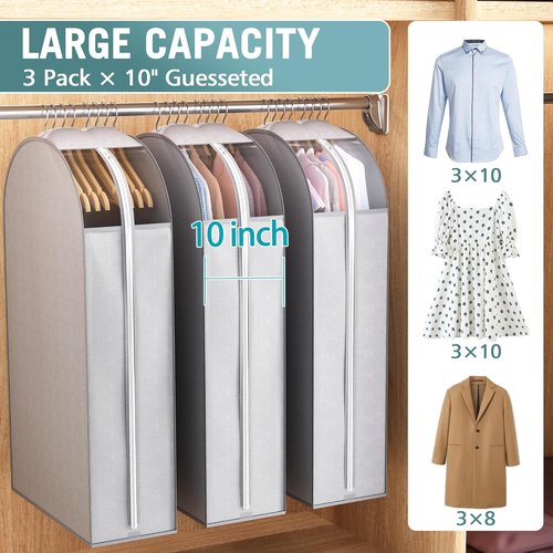 Liuoud 40" Gusseted Garment Bags - Clear Window Clothing Covers for Suits, Coats & Dresses | 3-Pack