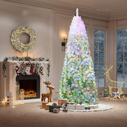 6ft Green Gradient Snow Flocked Prelit Pencil Christmas Tree - 100 Dual Color LED Lights, 320 Tips, Metal Stand (Variation: White & Green Gradient+6ft)