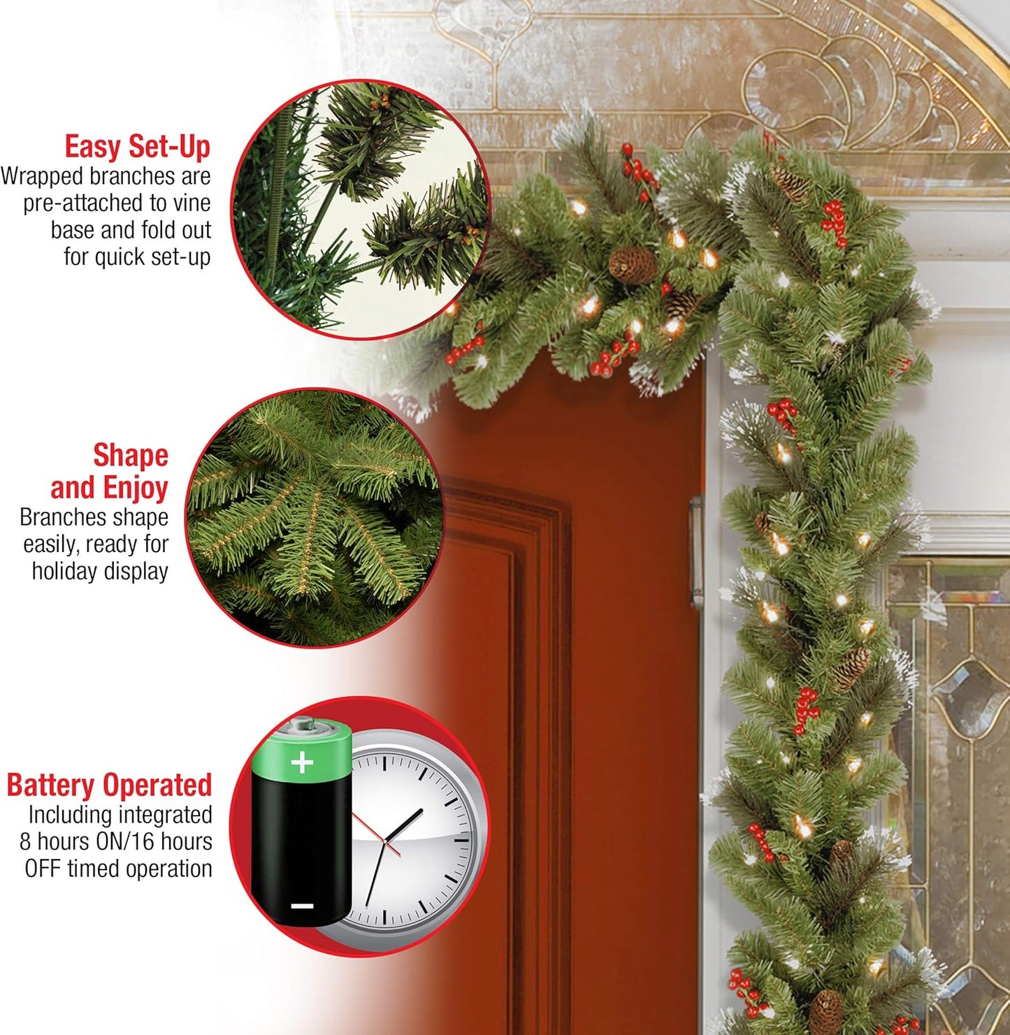 National Tree Company 9 ft Pre-Lit Crestwood Spruce Christmas Garland - Glitter, Pinecones & 50 LED Lights