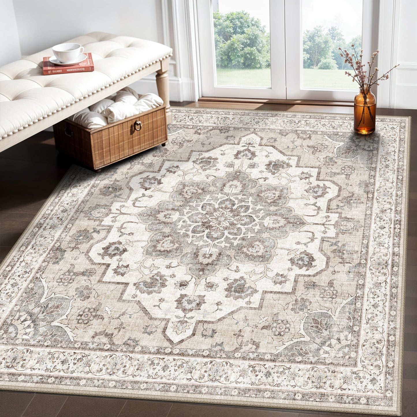 Washable 5 x 5 Square Area Rug: Water Resistant Durable Rugs Low Pile Soft Kitchen Carpet with Non-Slip Backing Indoor Oriental Non-Shedding Floor Carpets for Bedroom Entryway Home Decor (5x5,Beige)