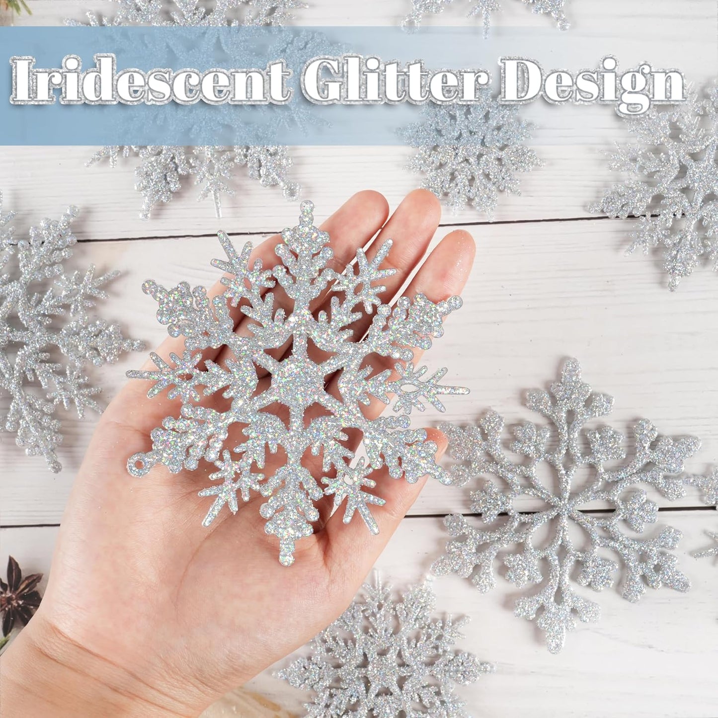 Skiennix 36-Piece Iridescent Silver Christmas Snowflake Ornaments - Sparkling Glitter Decor for Winter Wonderland Parties