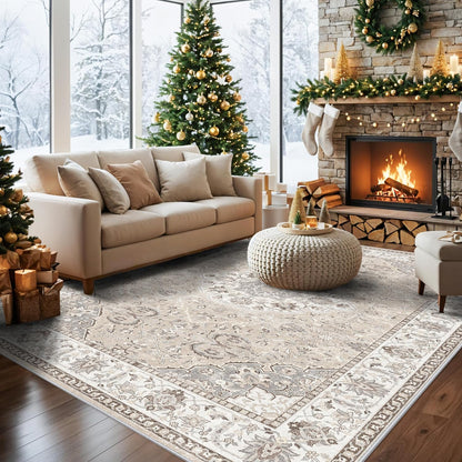 Skiennix 8x10 Living Room Rug - Washable Oriental Stain Resistant Carpet | Ultra Soft Non-Slip Beige Mat for Home Decor