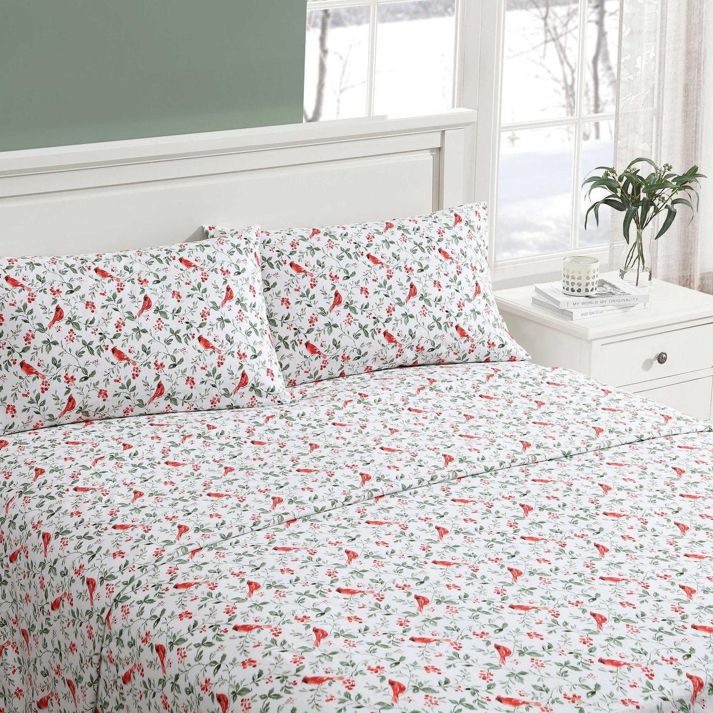 Laura Ashley - King Sheets, Breathable Cotton Flannel Bedding with Deep Pockets, Brushed for Extra Softness & Comfort, Oeko-Tex Certified (Jolly Cardinals Green, King)