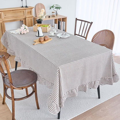 vctops Farmhouse Coffee Plaid Ruffle Tablecloth 55x94 in Cotton Linen, Rectangular