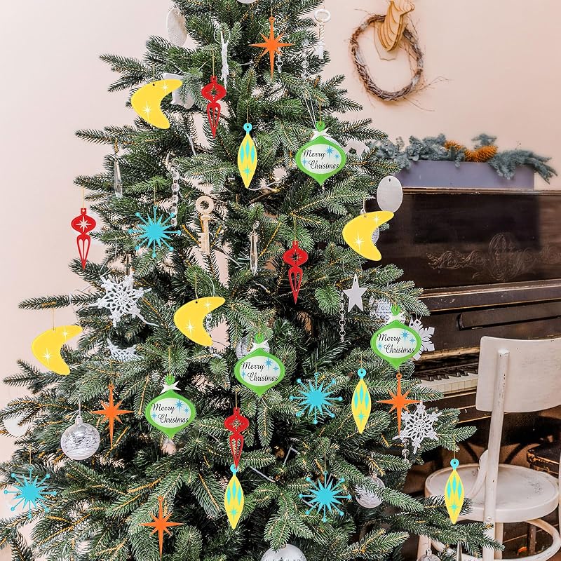 24 Pcs Mid Century Modern Christmas Ornaments - Retro Medieval Inspired Holiday Decoration Set