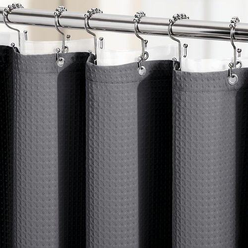 Dynamene Stall Shower Curtain and Liner Set - 36 x 72 inch Half Waffle Fabric, Narrow Waterproof Clear Liner, Heavy Duty Weighted Hotel Luxury Shower Curtains for Bathroom with 6 Hooks, Charcoal Grey