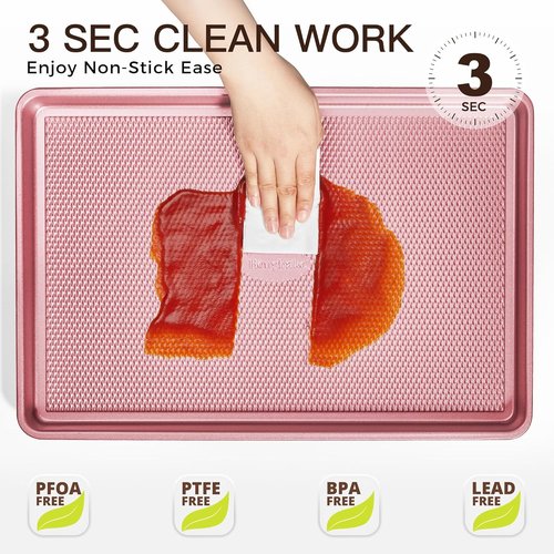 HONGBAKE Nonstick Baking Sheet Pan Set - Heavy Duty Cookie Sheets with Diamond Texture | Pink, Half & Quarter Sizes