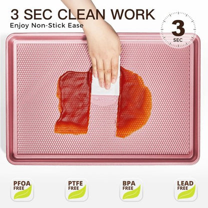 HONGBAKE Nonstick Baking Sheet Pan Set - Heavy Duty Cookie Sheets with Diamond Texture | Pink, Half & Quarter Sizes