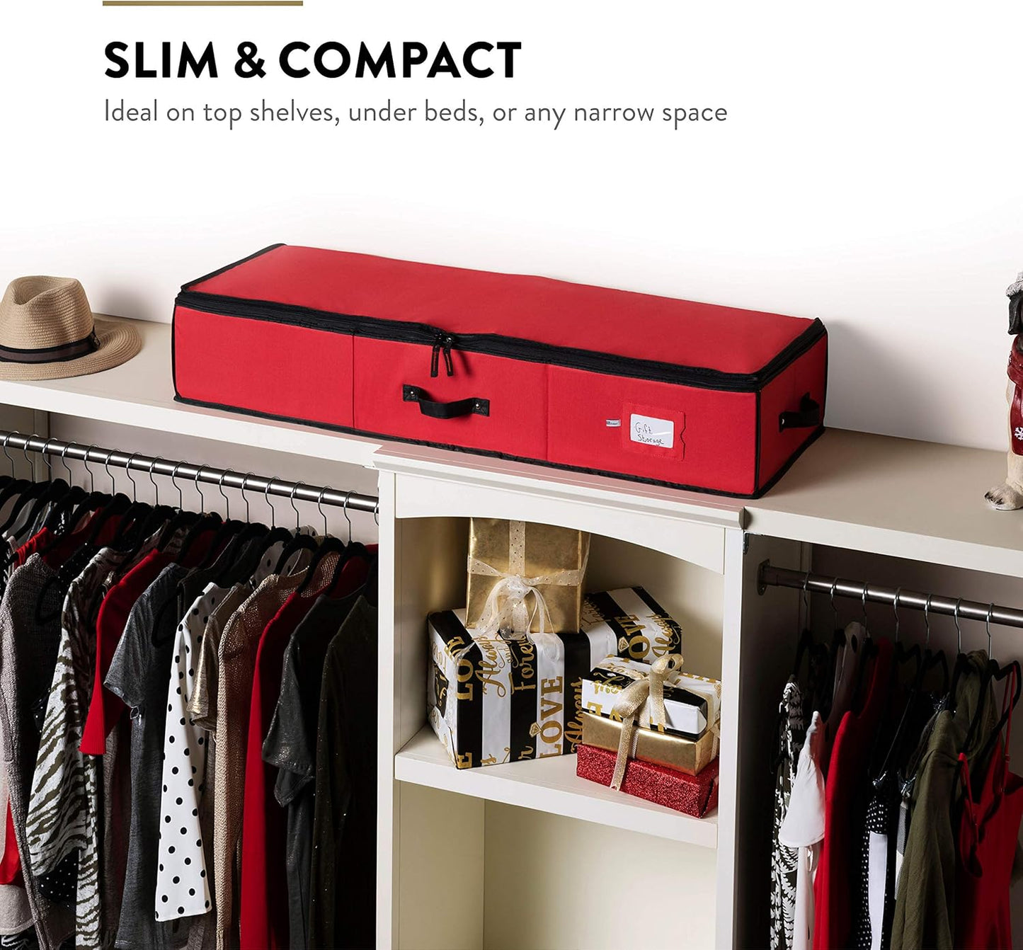 ZOBER Gift Wrapping Paper Organizer - 40" Storage for 24 Rolls with Pockets for Bows & Ribbons | Red/Black 600D Oxford