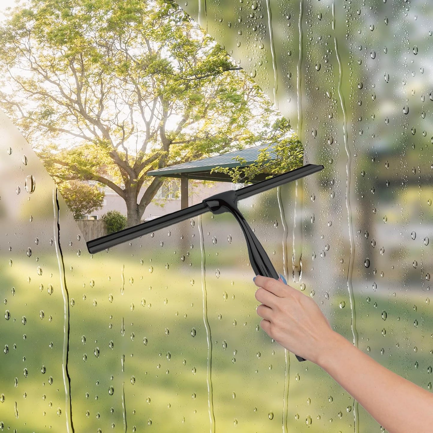 Skiennix Matte Black Shower Squeegee - 10 Inch Glass Cleaner Tool with Adhesive Hooks for Bathroom & Car