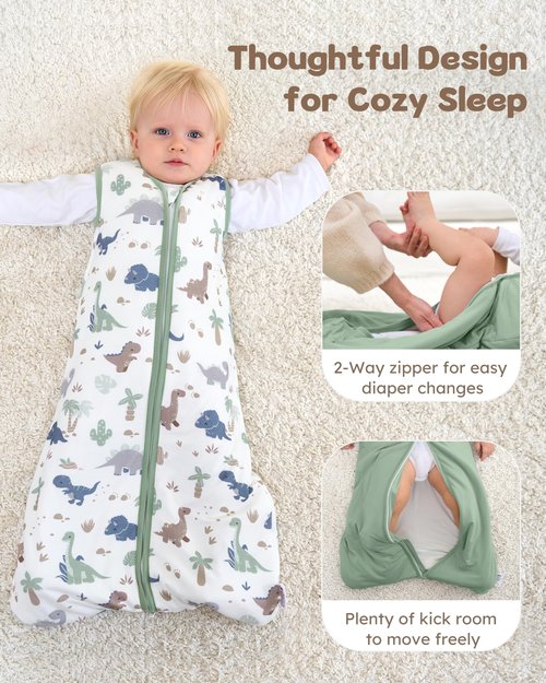 FIEMOL Rayon Made from Bamboo Baby Sleep Sack 6-12 Months, 1.0 Tog Baby Wearable Blanket, Soft Sleeping Bag for Newborn Infant Babies with 2-Way Zipper 2 Pack (Medium) Green Dinosaur
