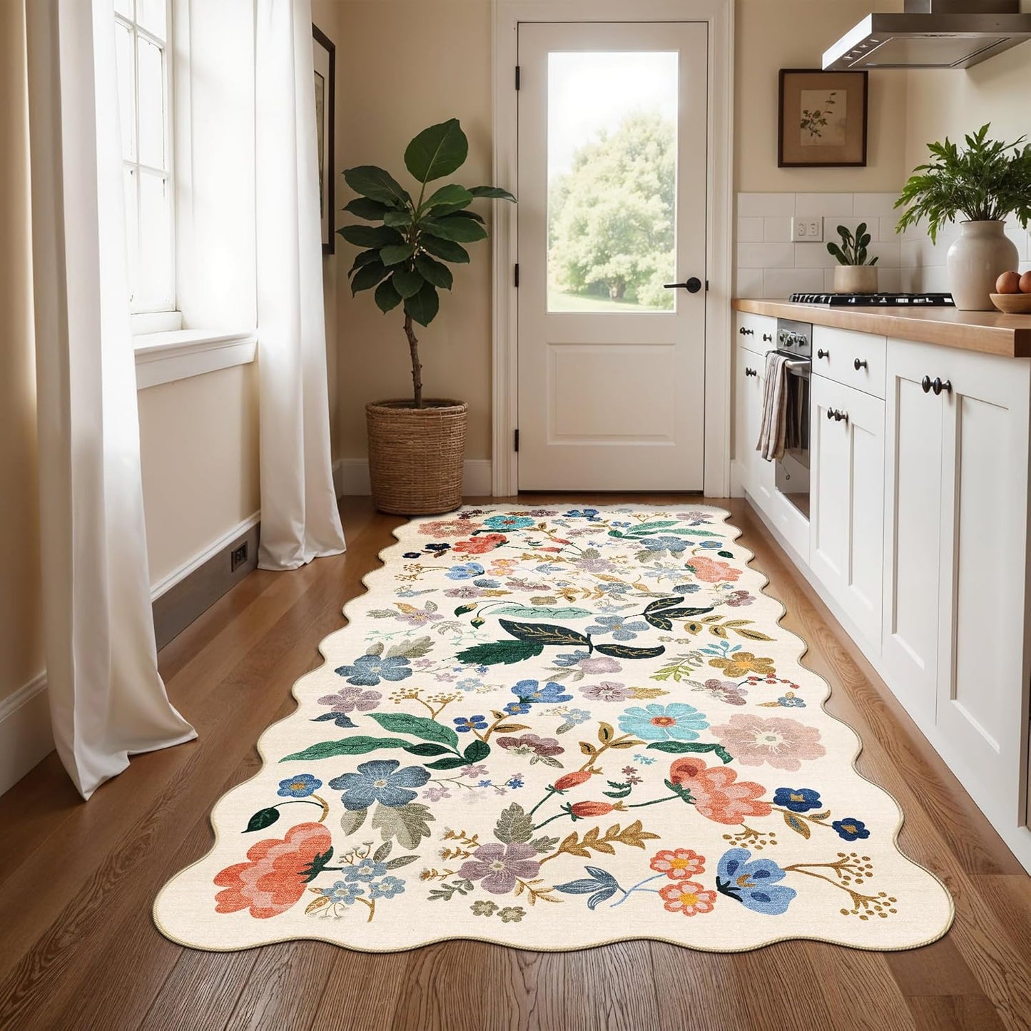 Skiennix Washable 4x8 Wide Runner Rug - Non-Slip Scalloped Floral Design | Soft, Stain-Resistant Cream Carpet for Hallway, Kitchen, and Bathroom